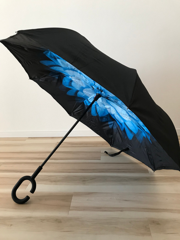 傘 逆さに開く 逆さ傘 花柄 花/ブルー 日傘 雨傘 長傘 晴雨兼用 おしゃれ UVカット 2枚目の画像