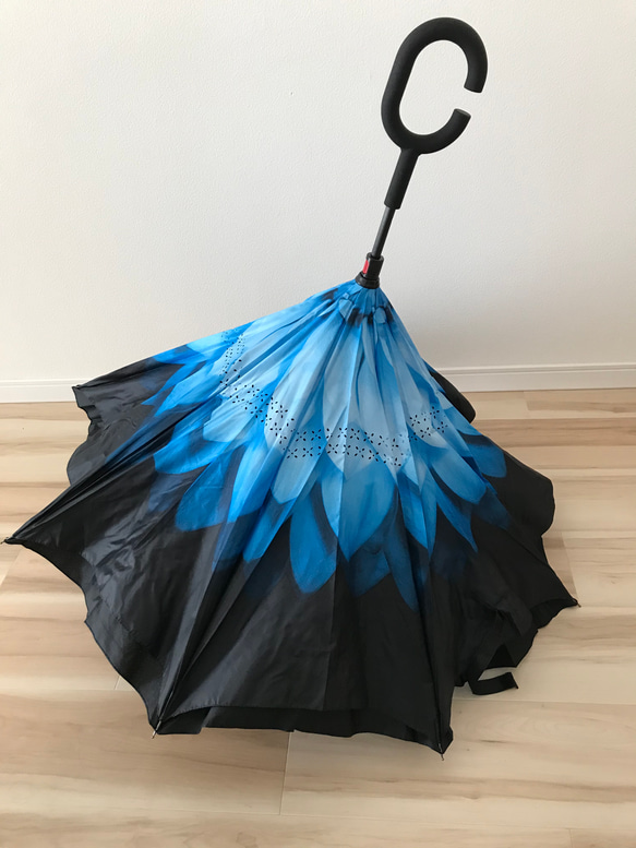 傘 逆さに開く 逆さ傘 花柄 花/ブルー 日傘 雨傘 長傘 晴雨兼用 おしゃれ UVカット 4枚目の画像