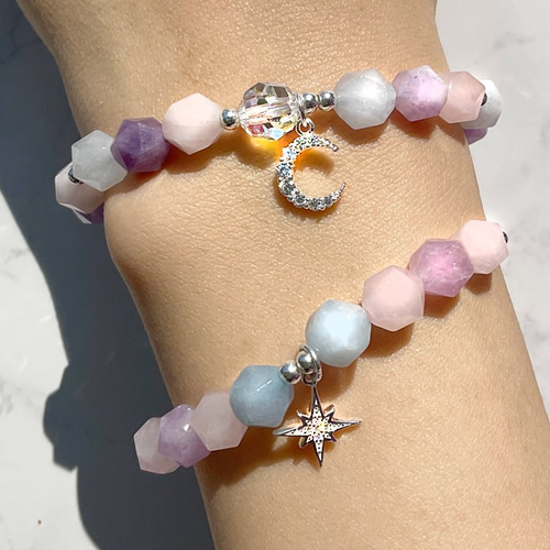 韓国風 マカロンカラームーンブレスレット キャンディカット天然石  