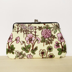 ちょっぴり懐かしい花柄のがまぐちポーチ　ピンク×ブラウン 1枚目の画像