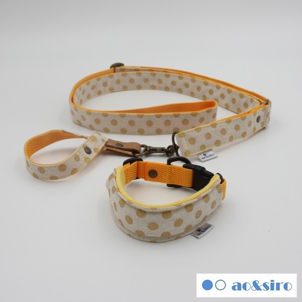 【伸縮リード用三点セット】ショルダーリード＋接続バンド＋幅広クッション首輪/ゴールド×サンライトイエロー☆ハンズフリー