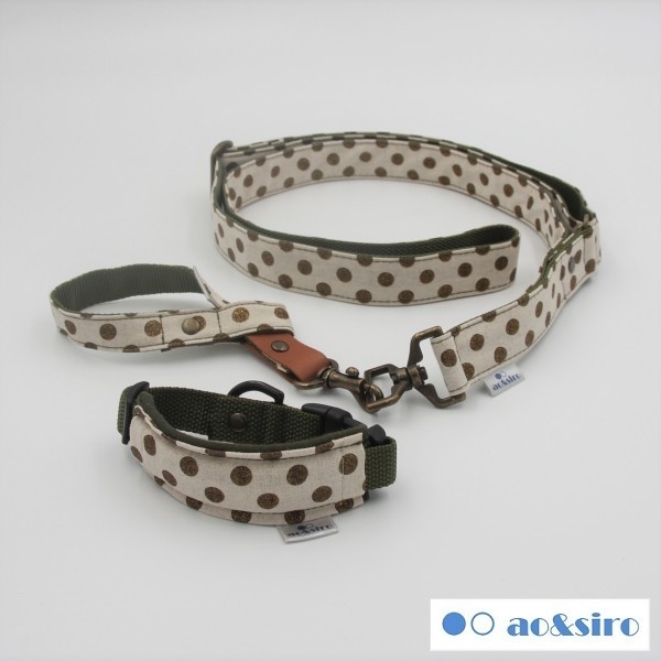 【伸縮リード用三点セット】ショルダーリード＋接続バンド＋幅広クッション首輪/カーキ×ブロンズ☆ハンズフリー