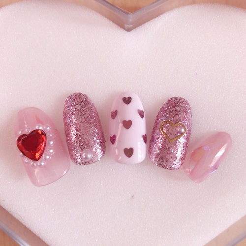 【No.024】ネイルチップ♡地雷系♡量産型♡ピンクネイル♡ハートネイル ネイルチップ 量産型 地雷 ネイル ピンク ビジュー ハート