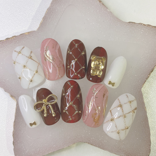 ネイルチップ 量産型 春 地雷 ネイル ブラウン ピンク おしゃれ