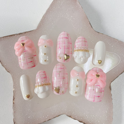 No.21 ネイルチップ オーダー 量産型 地雷系 ピンク 白 チェック リボン ネイルチップ 量産型 地雷 ネイル ピンク チェック うさぎ ゆめかわ 秋