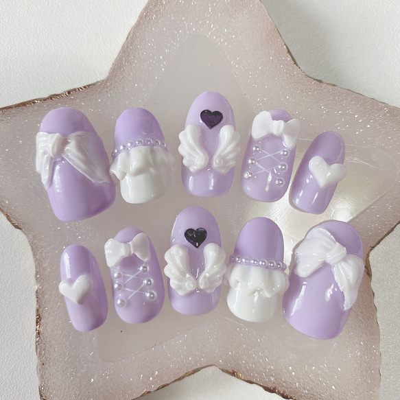 ネイルチップ 量産型 地雷 ネイル リボン パープル 紫 派手 ゆめかわ  