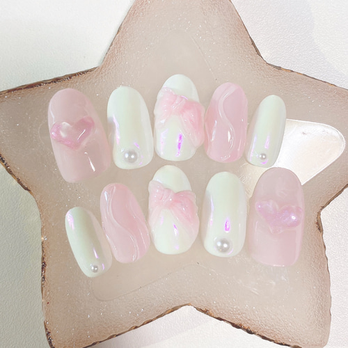 ネイルチップ 量産型 地雷 ネイル ピンク リボン オーロラ ちゅるちゅ  