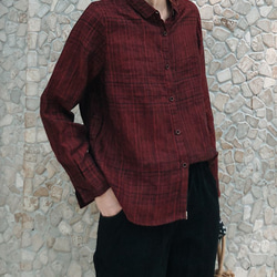 【注文製作 】春夏 シャツ ストライプチェック柄コットン、リネン長袖ボトミングシャツ 1枚目の画像