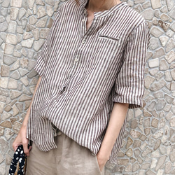 【注文製作 】ストライプシャツ 亜麻 シャ​​ツ ゆったり コットンリネン 五分袖シャツ 3枚目の画像