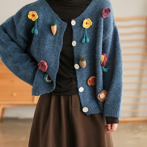 新作】高品質アイルランドのカシミヤ手作り立体フラワーニット