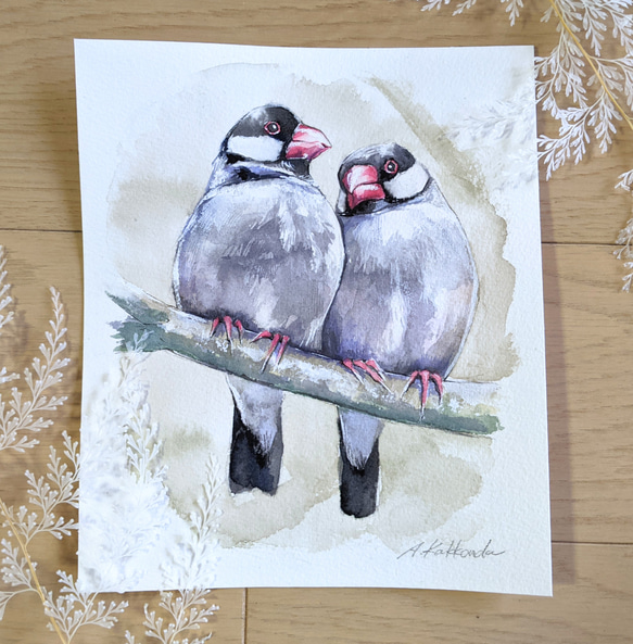 送料無料】水彩画『文鳥』【額付き】 絵画 A. Kakkonda Artworks