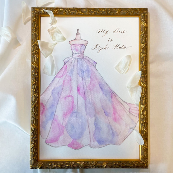 【結婚式ウェルカムボード】ウェディングドレス(水彩イラスト）/モダンカリグラフィー：カスタムオーダー 1枚目の画像