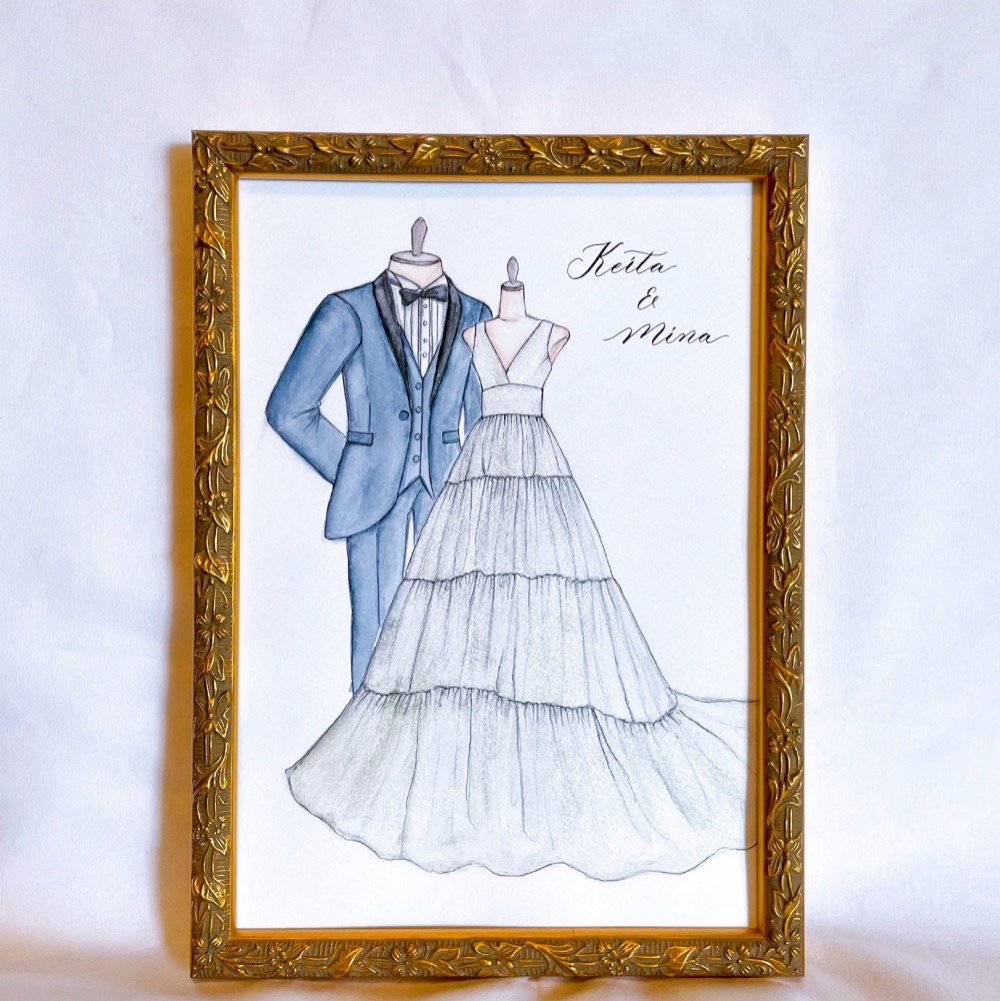 【結婚式ウェルカムボード】ウェディングドレス(水彩イラスト）/モダンカリグラフィー：カスタムオーダー