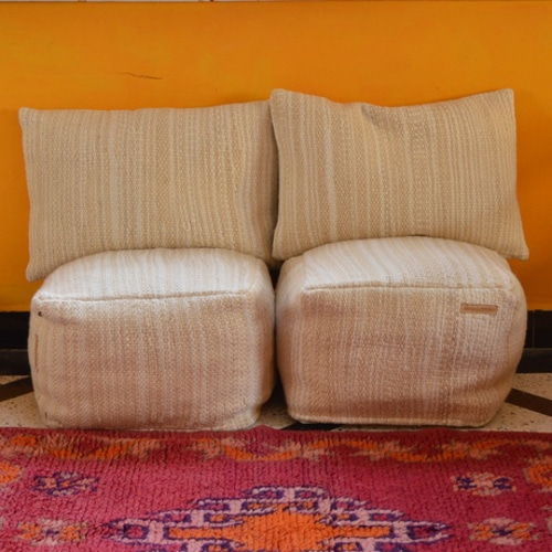 モロッコ　プフ　クッション　ウール モロッコ製ウールブランケットプフとクッションカバーのセット