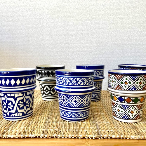 カップS plus フェズブルー陶器 モロッコ 酒器 ベース 幾何学 手書き