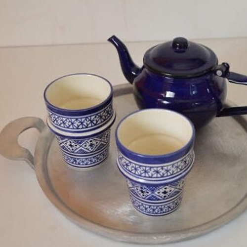 カップS plus フェズブルー陶器 モロッコ 酒器 ベース 幾何学 手書き