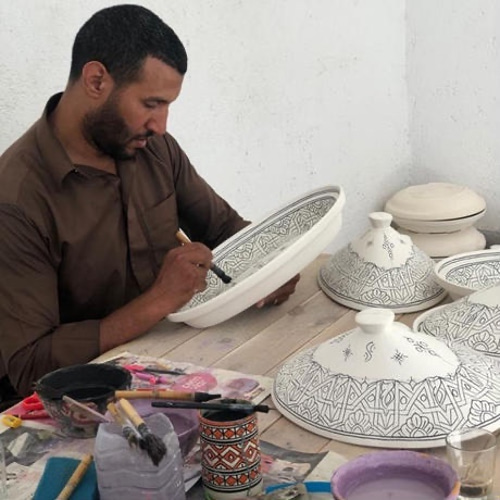 舟型 フェズブルー陶器 花器 幾何学 深皿 サラダボウル パーティー大鉢