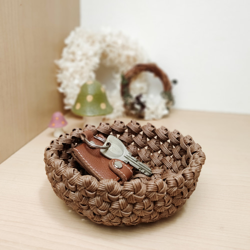花結び編み❀かご小物入れ［モカ色］エコ クラフトバンド・お