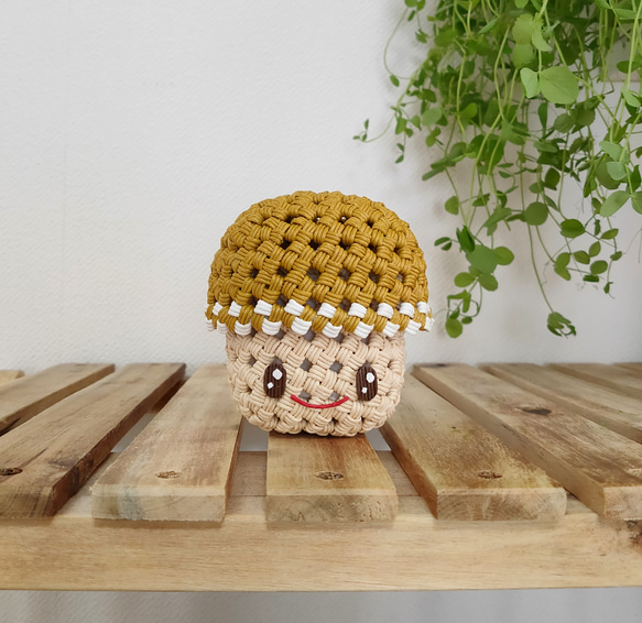 もーちゃんページ　クラフトバンド　きのこハウスと小物入れ 受注制作】ほっこり❀きのこ小物入れ［マスタード・帽子深め］エコ