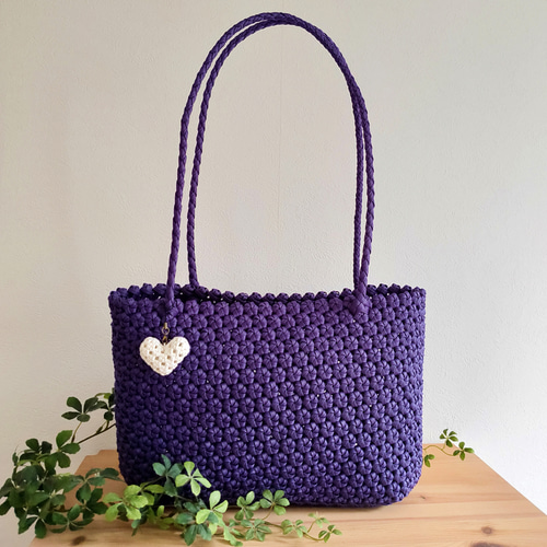 受注制作】花結び編み❀肩掛けかごバッグLL (チャーム付・変更OK