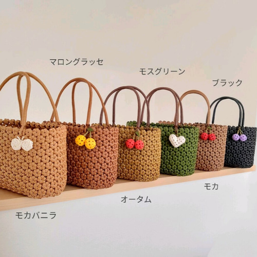 花結び編み❀かごバッグ（M）モカバニラ色［ブローチ付・変更OK