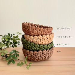 【受注制作】花結び編み❀かご小物入れ［モスグリーン色］エコ クラフトバンド・お菓子かご・カギ入れ・プレゼントかご・収納 6枚目の画像