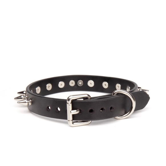 Spike Studded Leather Choker Choker 帶 O 形環的真正皮革朋克 Choker 黑色 第2張的照片