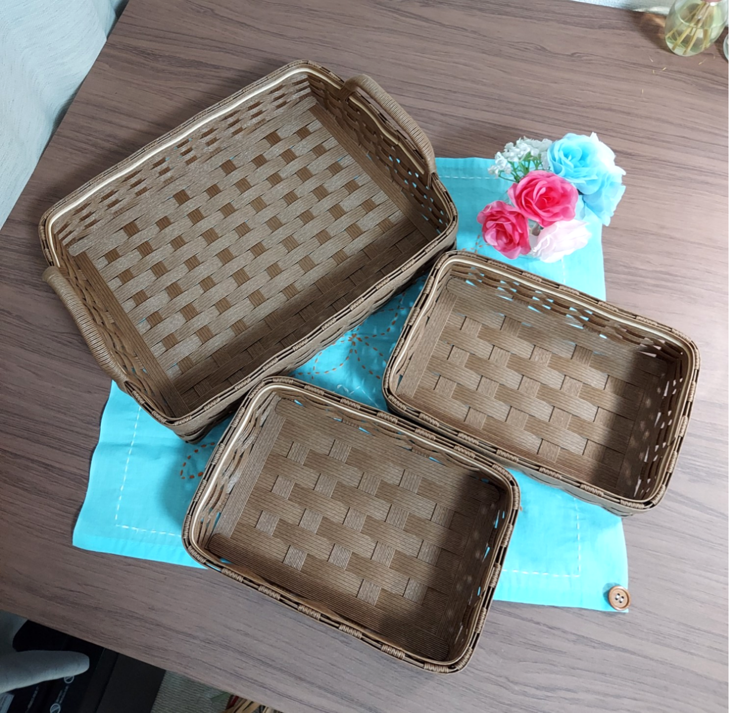 minoriページ　クラフトバンド　ゴミ箱４点　小物入れ３点　ペン立て１点 受注製作 】クラフトバンドのトレー3点セット フリーボックス