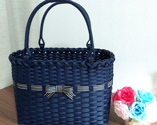 ハンドバッグ ハンドメイド かぎ編み ビニールバッグ 黒 かご