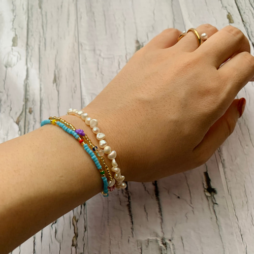 ビーズブレスレット*light blue×gold* ブレスレット maamade