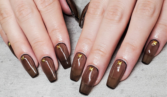 囲みフレンチ クリアネイル ブラウン シンプル モード ネイルチップ