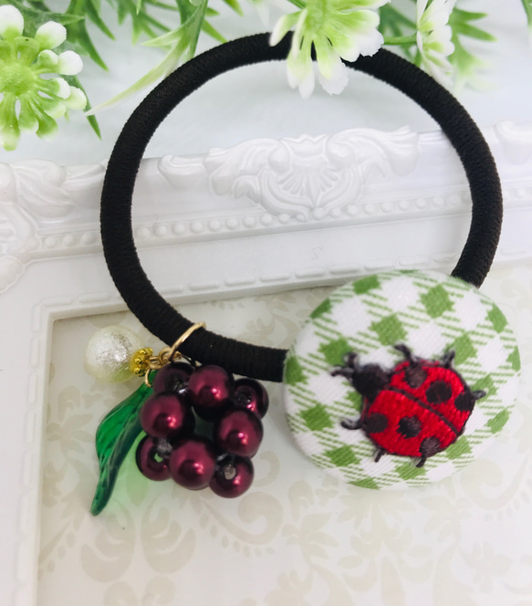 27-230くるみボタンヘアゴム てんとう虫 さくらんぼ チェック柄