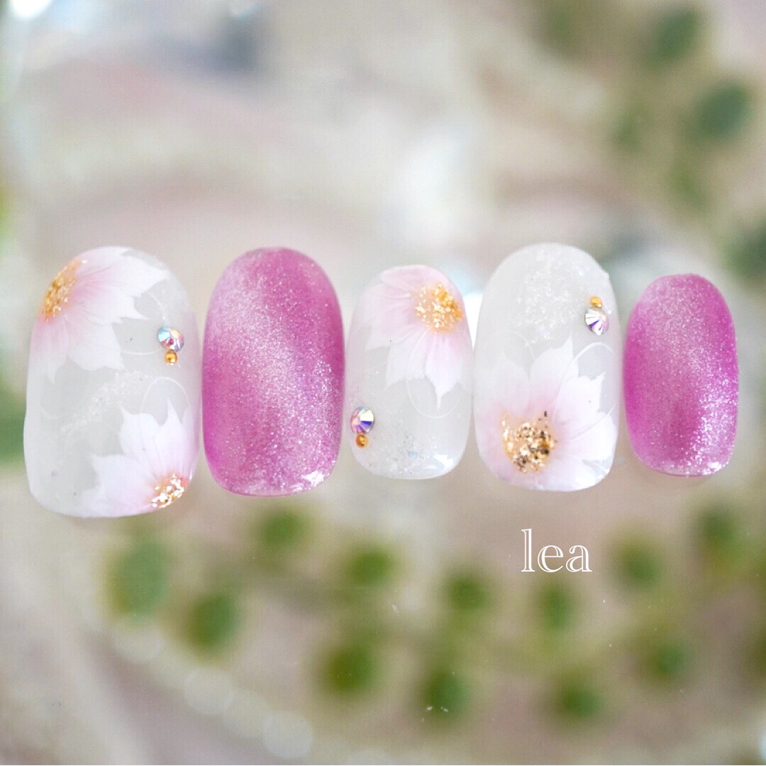 【計測用チップ付き】ブライダルネイルチップ☆結婚式グラデーションフラワー　ピンク　No.009