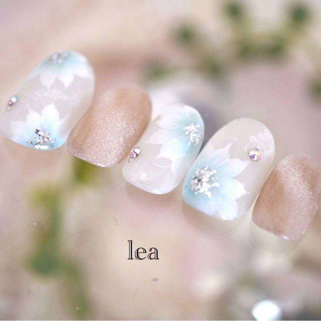 【計測用チップ付き】ブライダルネイルチップ☆結婚式グラデーションフラワー　ブルー　No.010