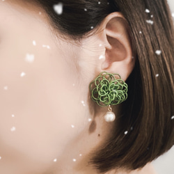 水引アクセサリー 2way パール赤小花と玉結び ピアス（スタッド・一粒