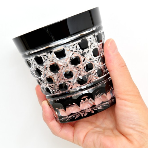 江戸切子 ロックグラス 黒 麻市松 木箱入り グラス 江戸切子専門店 煌粋