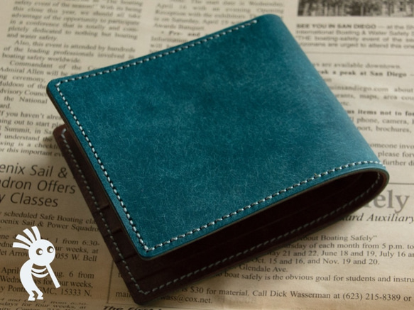 【受注製作】イタリアンレザー　プエブロ+マヤ　手縫い二つ折り財布　ブルーブラウン 1枚目の画像