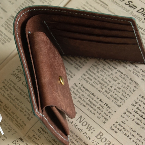 イタリア産プエブロ+マヤ 手縫い二つ折り財布 ブルーブラウン 二つ折り