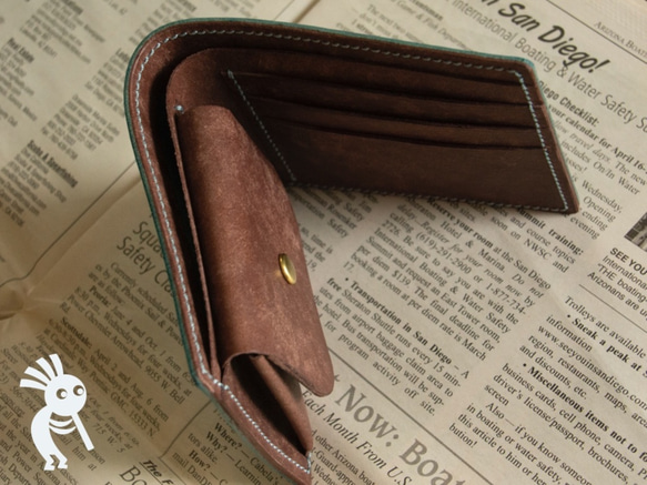 【受注製作】イタリアンレザー　プエブロ+マヤ　手縫い二つ折り財布　ブルーブラウン 2枚目の画像