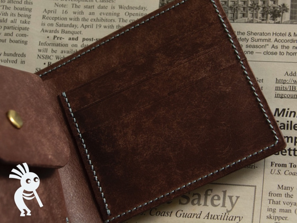 【受注製作】イタリアンレザー　プエブロ+マヤ　手縫い二つ折り財布　ブルーブラウン 3枚目の画像