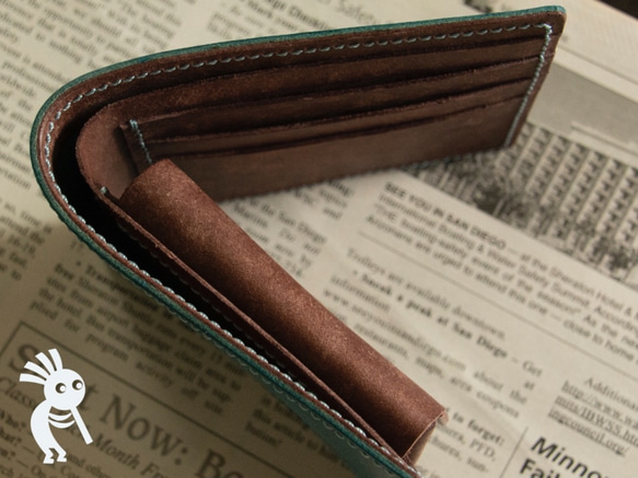 【受注製作】イタリアンレザー　プエブロ+マヤ　手縫い二つ折り財布　ブルーブラウン 6枚目の画像