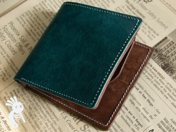 【受注製作】イタリアンレザー　プエブロ+マヤ　手縫い二つ折り財布　ブルーブラウン 7枚目の画像