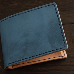 栃木レザー　手縫い二つ折り財布　ブルー 1枚目の画像