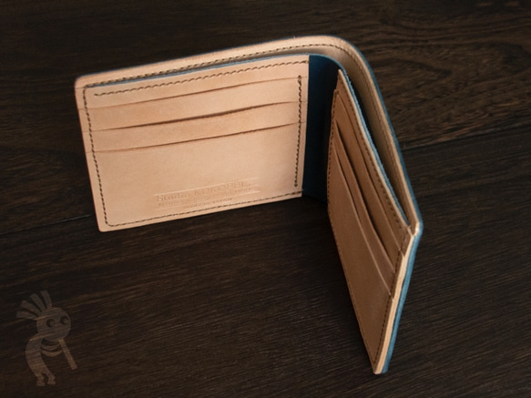 【セール】栃木レザー　手縫い二つ折りカード財布　ネイビーx生成り 4枚目の画像