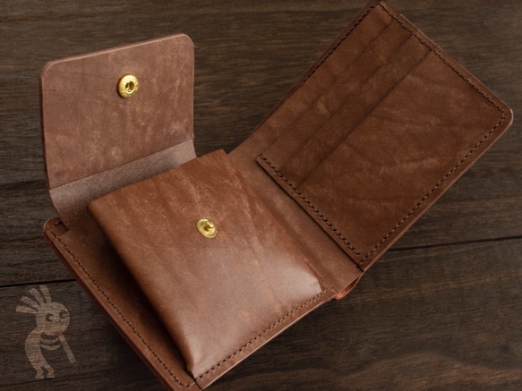 イタリアンレザーPueblo　手縫い二つ折り財布　レッド 2枚目の画像