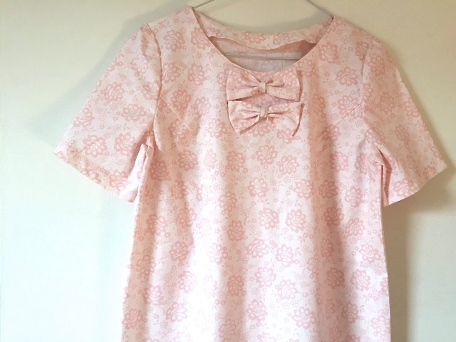 コットン花柄ピンクレースだまし絵リボンワンピース