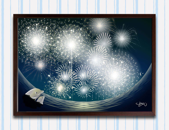 フレームイラスト「夏色花火」A3 イラスト ふくはらしゅんじ