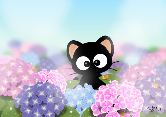 絵　ワンちゃんと紫陽花 アジサイ、額アジサイ、カエルなどの描き方How to draw