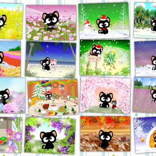 黒猫りっちー君ポストカードセット（16枚入り） ポストカード ふくはら