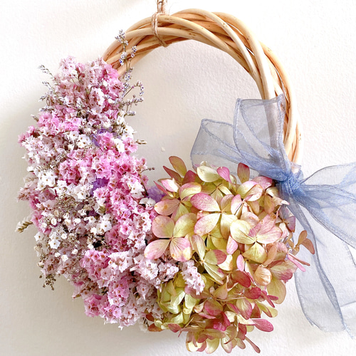 ドライフラワー パステルカラー ハーフリース 水無月紫陽花 リース